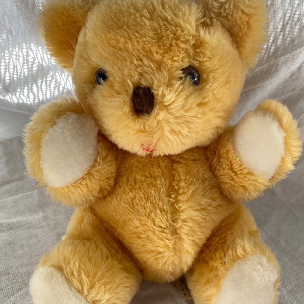 Vintage Tan White Teddy Bear Plush Toy Sweet Tongue Musical Wind Up Works A4.